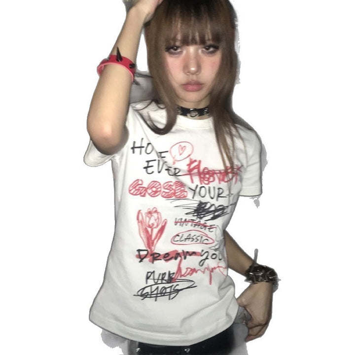 Damen lässiges Statement T-Shirt mit kreativem Print Drune