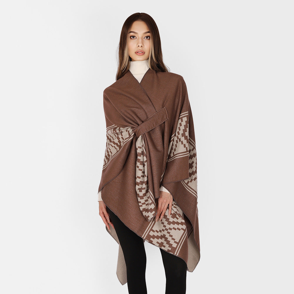 Damen Jacquard‑Ruana mit Bindegürtel und geometrischem Muster Drune