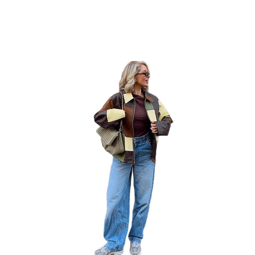 Damen Patchwork-Lederjacke mit Reißverschluss und Oversize-Boxy-Schnitt Drune