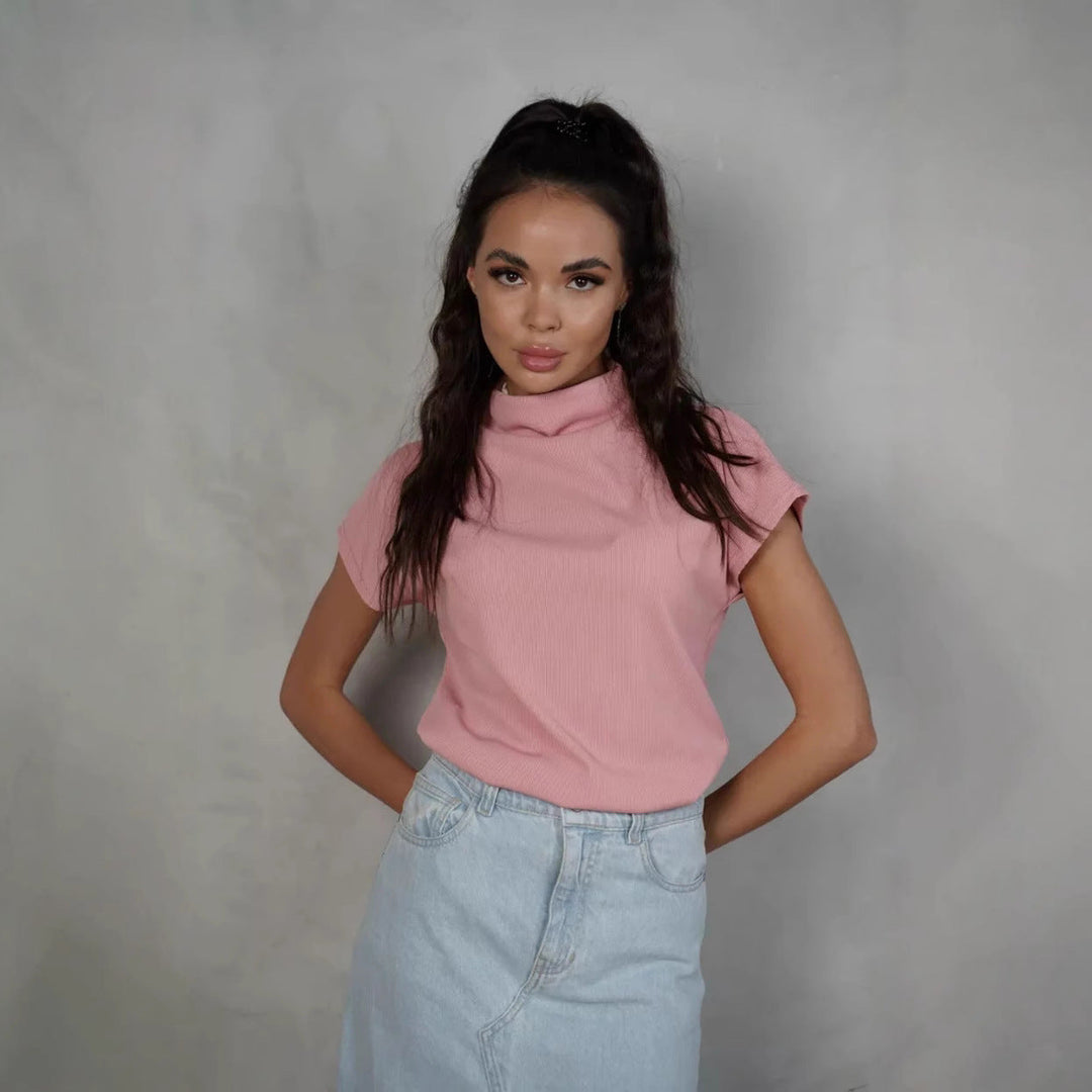 Damen modernes Kurzarm-Oberteil mit hohem Stehkragen und strukturiertem Design Drune