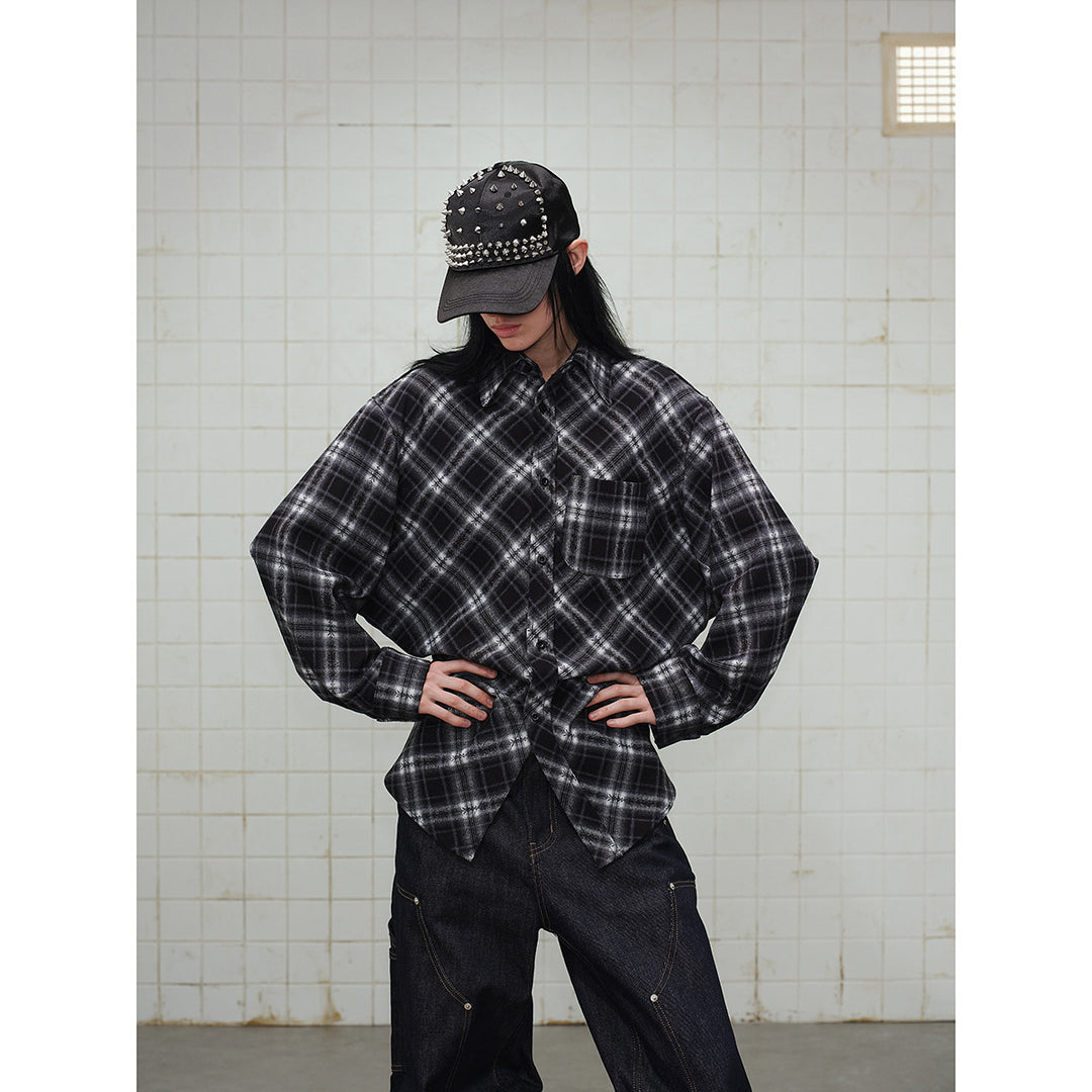 Unisex Karierte Oversize‑Flanell‑Hemdjacke im Layering‑Look mit abgerundetem Saum und Brusttasche Drune