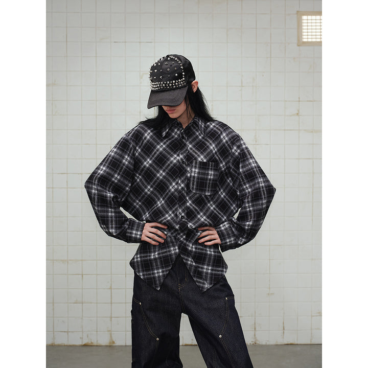 Unisex Karierte Oversize‑Flanell‑Hemdjacke im Layering‑Look mit abgerundetem Saum und Brusttasche Drune