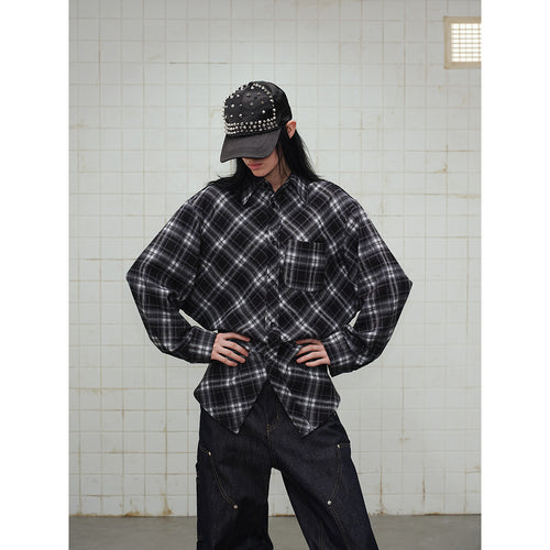 Unisex Karierte Oversize‑Flanell‑Hemdjacke im Layering‑Look mit abgerundetem Saum und Brusttasche Drune