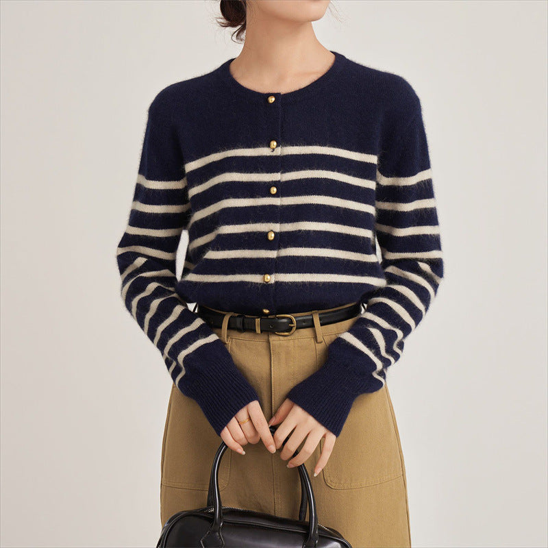 Damen modische Strickjacke mit Streifenmuster und dekorativen Knöpfen Drune