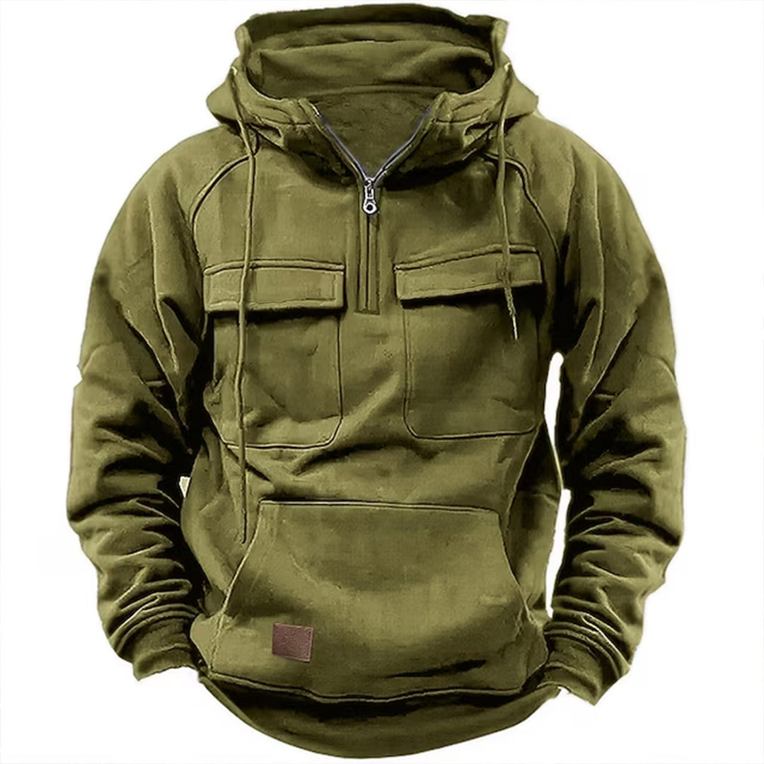 Herren nan taktischer Halbzip Kapuzenpullover mit Brustklappen, Kängurutasche und verstärkten Nähten Drune