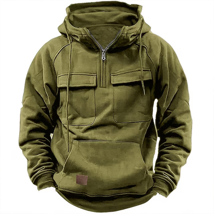 Herren nan taktischer Halbzip Kapuzenpullover mit Brustklappen, Kängurutasche und verstärkten Nähten Drune