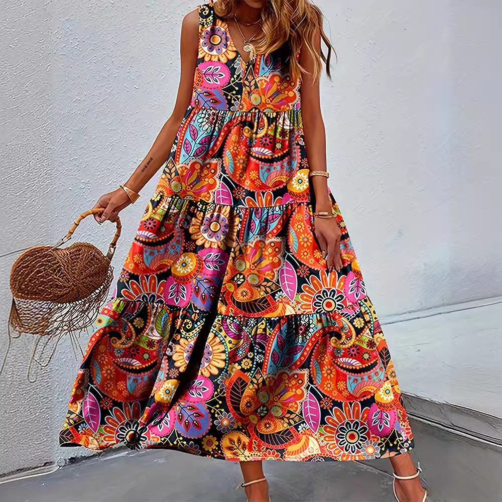 Damen nan stufenförmiges Boho-Maxikleid mit V-Ausschnitt und geraffter Unterbrustnaht Drune