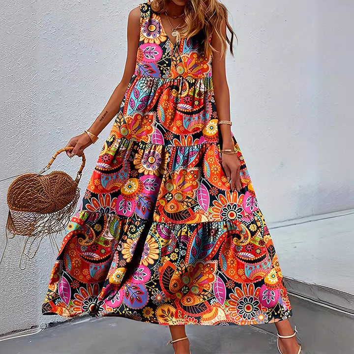 Damen nan stufenförmiges Boho-Maxikleid mit V-Ausschnitt und geraffter Unterbrustnaht Drune