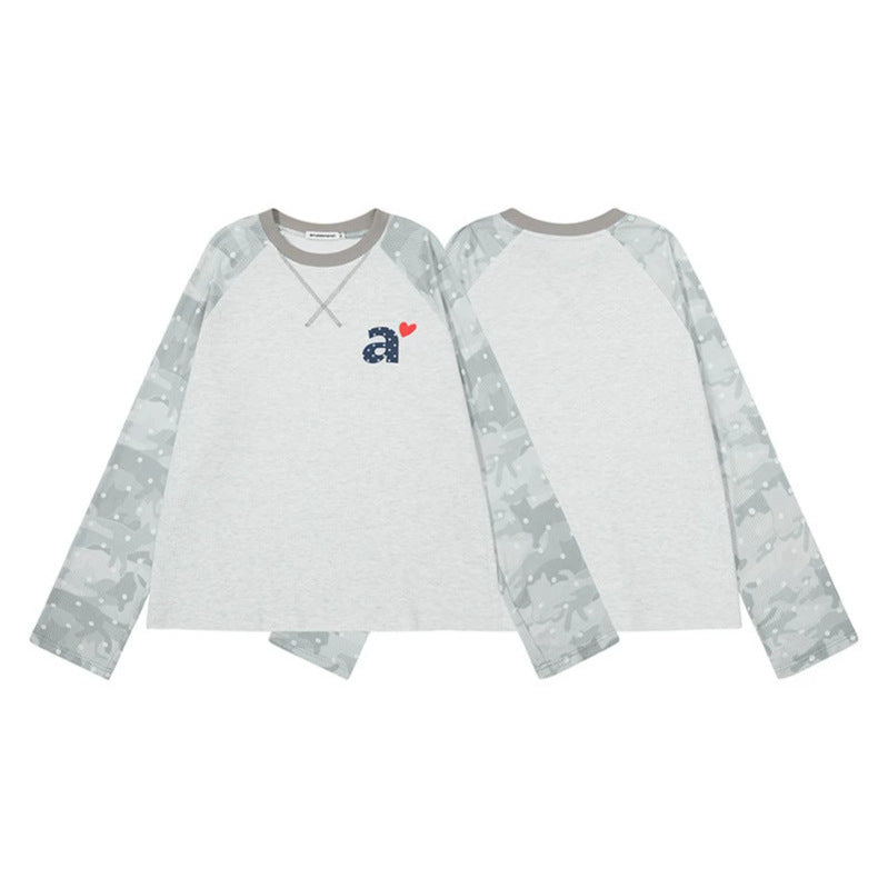 Damen Langarmshirt mit Raglanärmeln, Camouflage-Print und Herz-Initiale Drune