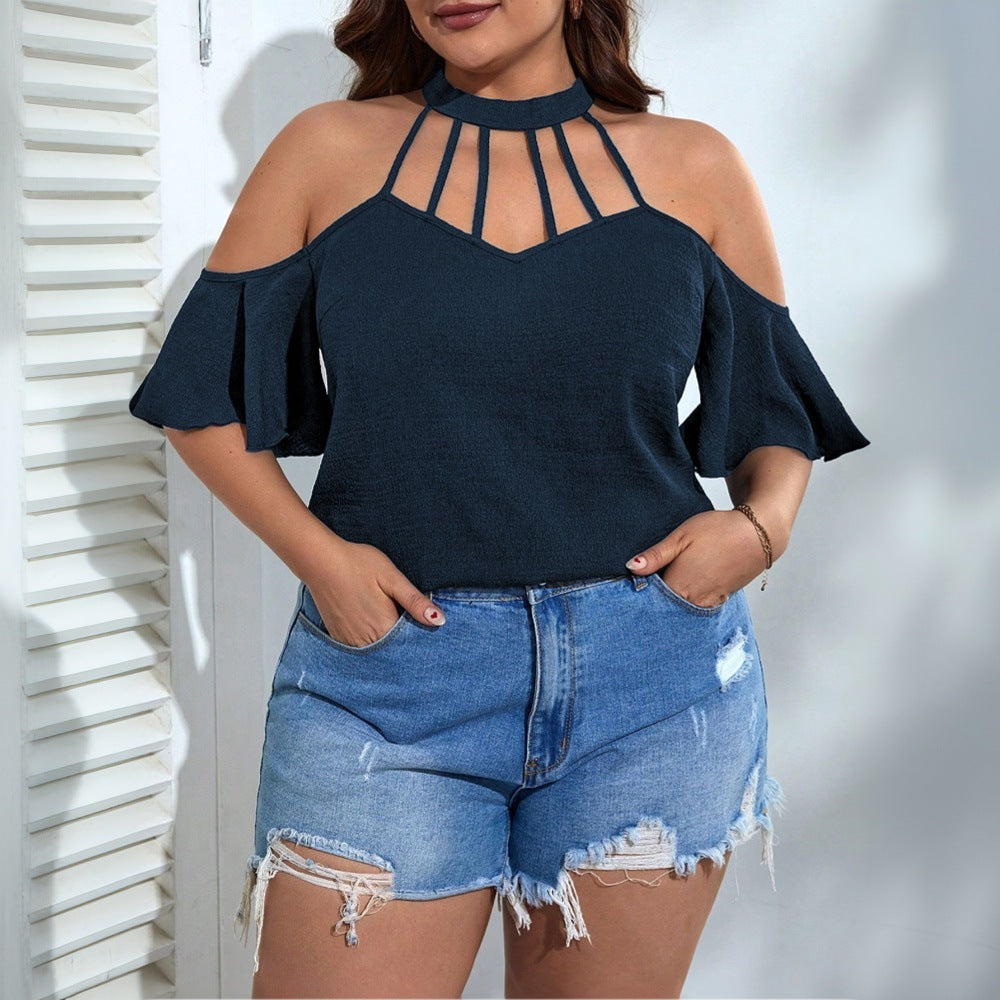 Damen Off-Shoulder Top mit Stehkragen und verspielten Rüschendetails Drune