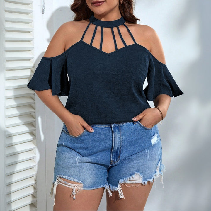 Damen Off-Shoulder Top mit Stehkragen und verspielten Rüschendetails Drune