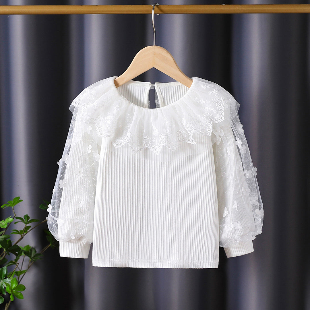 Damen Bluse mit romantischem Tüllkragen und floralen Stickereien Drune