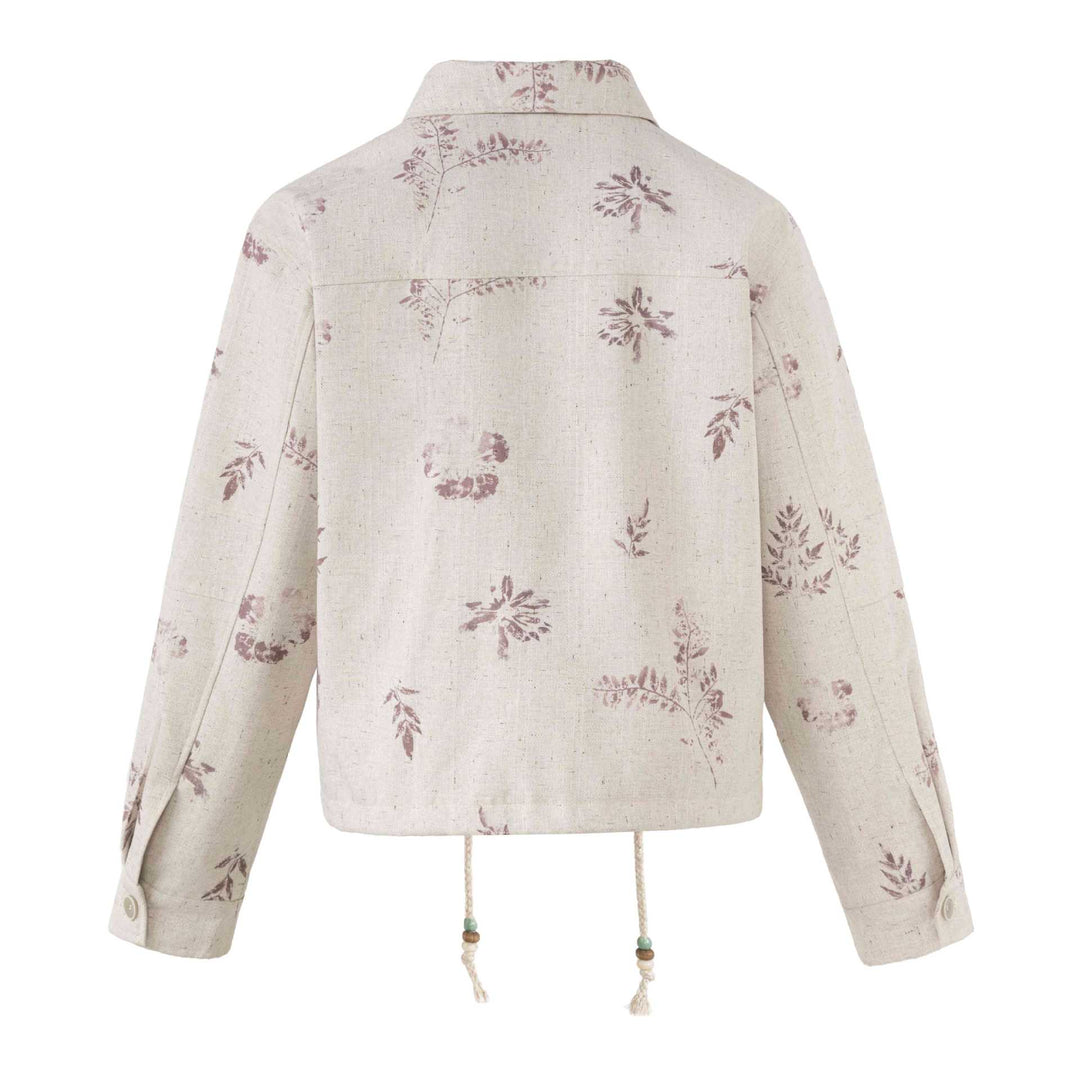 Damen Kurzer floraler Leinenblouson mit Kordelzug, verdeckter Knopfleiste und Hemdkragen Drune