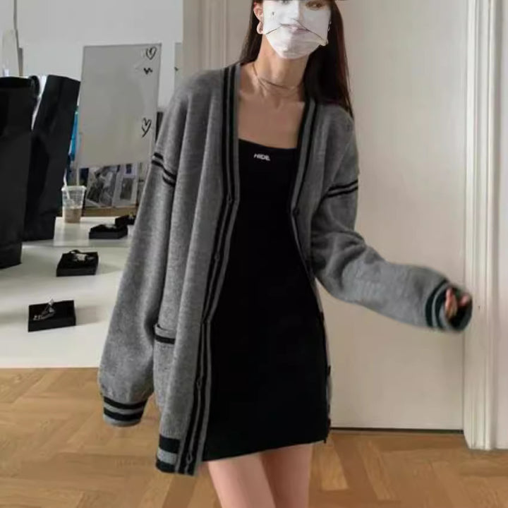 Damen bequeme Strickjacke mit lässigem Schnitt und dekorativem Streifen Drune