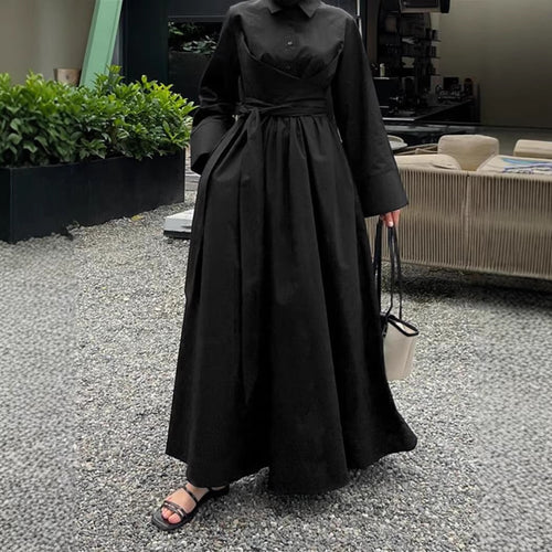 Damen Maxikleid im Hemdblusenstil mit Taillenwickel, weitem Tellerrock und breiten Manschetten Drune