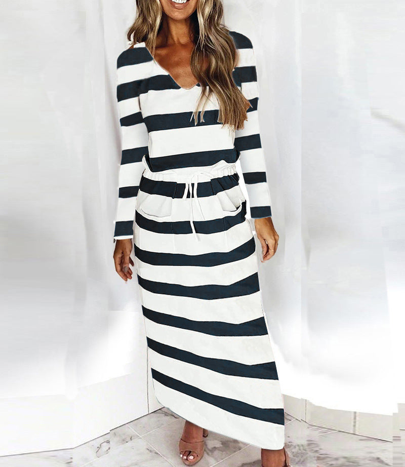 Damen Lässig-elegantes Maxi-Strickkleid mit V-Ausschnitt, Tunnelzug und Eingrifftaschen Drune