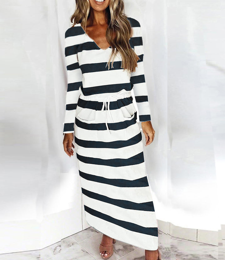 Damen Lässig-elegantes Maxi-Strickkleid mit V-Ausschnitt, Tunnelzug und Eingrifftaschen Drune