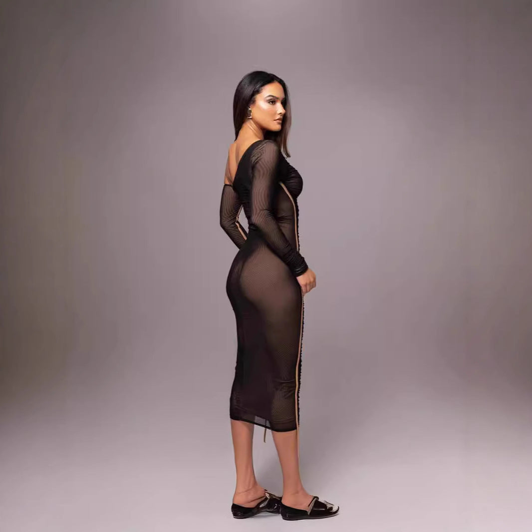 Damen Langarm-Midi-Kleid mit asymmetrischem Schnitt und romantischem Rüschendesign Drune