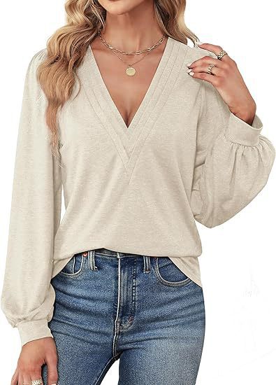 Damen lässiges V-Ausschnitt Shirt mit Puffärmeln und eleganter Raffung Drune