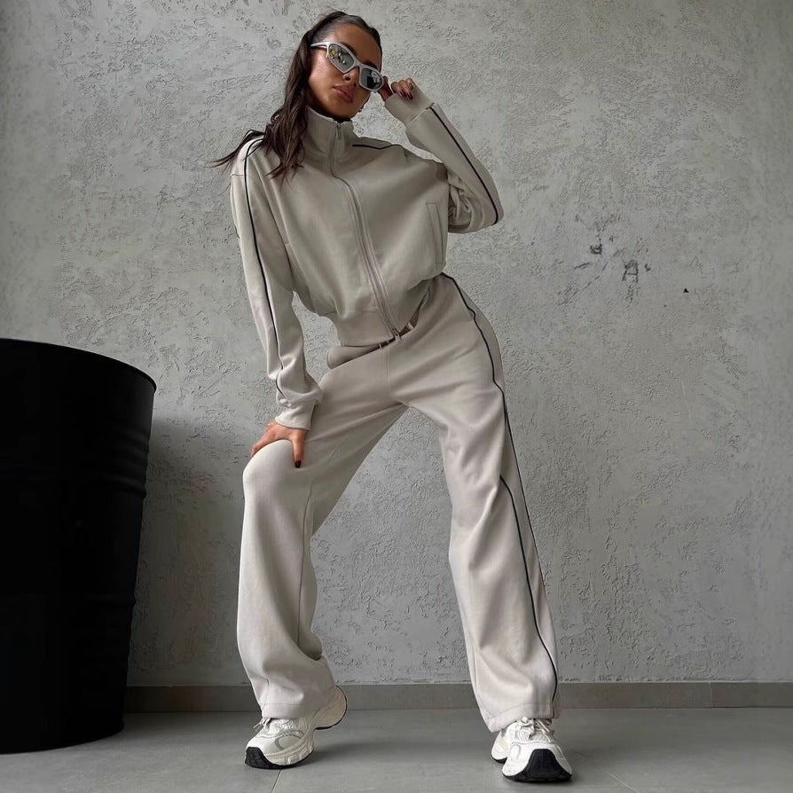 Damen lässiges Sweatset mit Stehkragen Reißverschluss gekürzter Jacke und hochtaillierter Schlaghose Drune