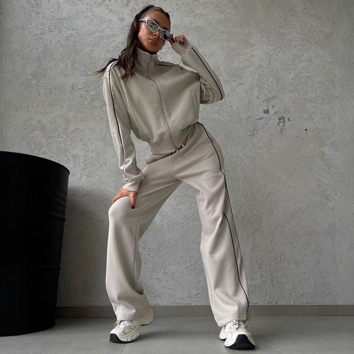 Damen lässiges Sweatset mit Stehkragen Reißverschluss gekürzter Jacke und hochtaillierter Schlaghose Drune