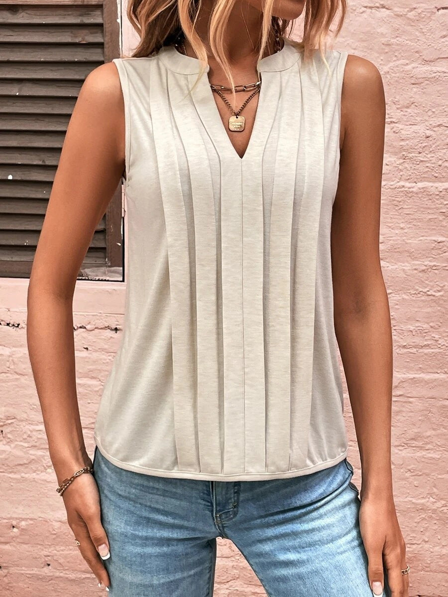 Damen Ärmellose Bluse mit feinen Bügelfalten und V-Ausschnitt Drune