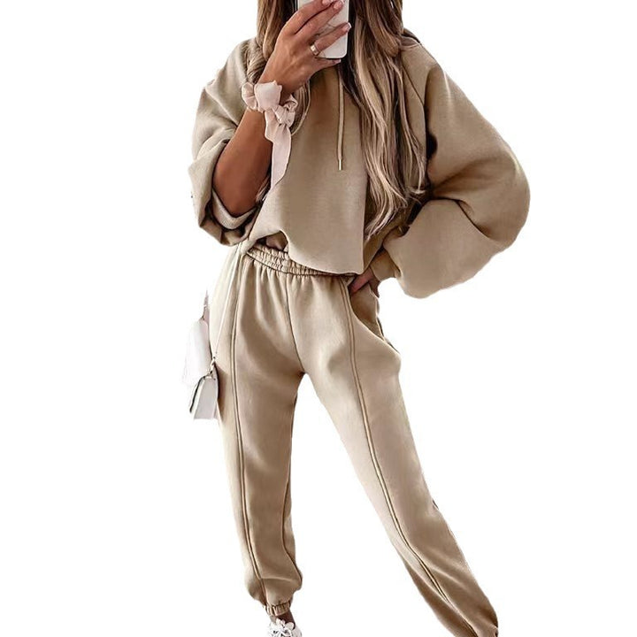 Damen kuscheliges Lounge-Zweiteiler-Set mit oversized Kapuzenpullover, Balloon-Ärmeln und taillierter Jogginghose Drune