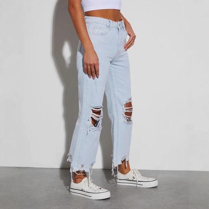 Damen Mom Jeans mit ausgefranstem Saum und Rippen-Details Drune