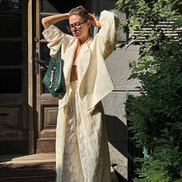 Damen Zweiteiliges Jacquard-Hosen-Set mit Oversize-Boxy-Blazer und hochgeschnittener Palazzo-Hose Drune