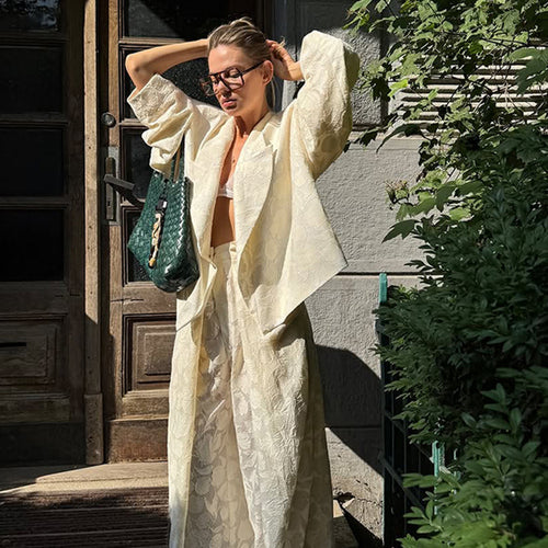 Damen Zweiteiliges Jacquard-Hosen-Set mit Oversize-Boxy-Blazer und hochgeschnittener Palazzo-Hose Drune