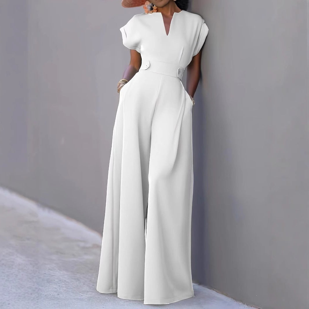 Damen Eleganter Jumpsuit mit tiefem V-Ausschnitt und weitem Bein Drune