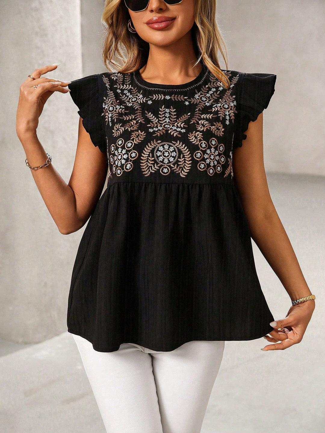 Damen Lockeres besticktes Babydoll-Top mit Rüschenärmeln Drune