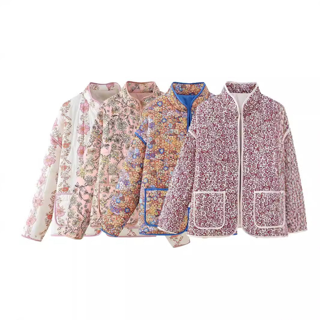 Damen nan gesteppte Kurzjacke mit floralem Allover-Print, leichter Wattierung, Stehkragen und aufgesetzten Taschen Drune