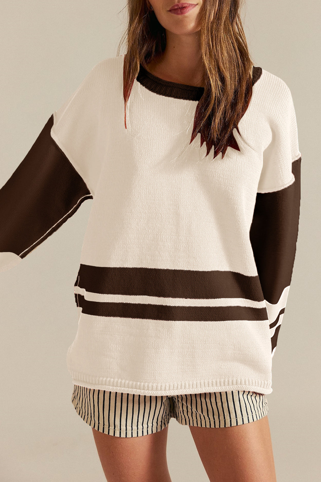 Damen lässiger Sportpullover mit kontrastierenden Ärmel- und Streifenmustern Drune