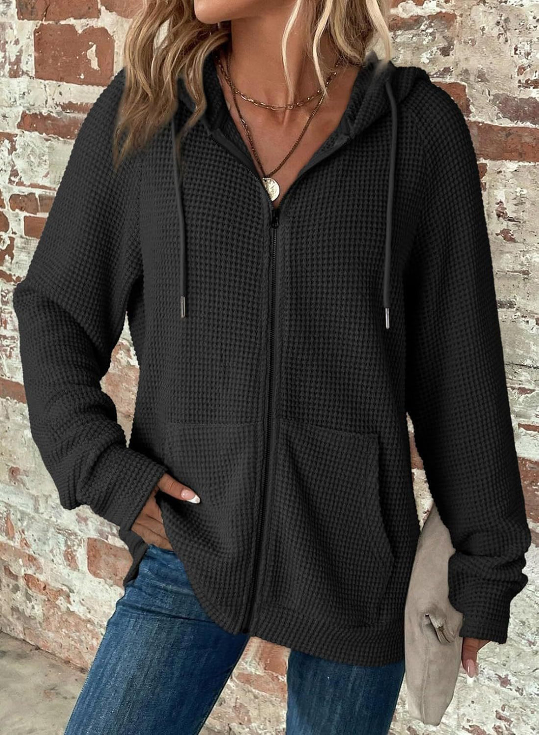 Damen Waffelstrick-Kapuzenjacke mit Reißverschluss, Kängurutaschen und entspannter Silhouette Drune