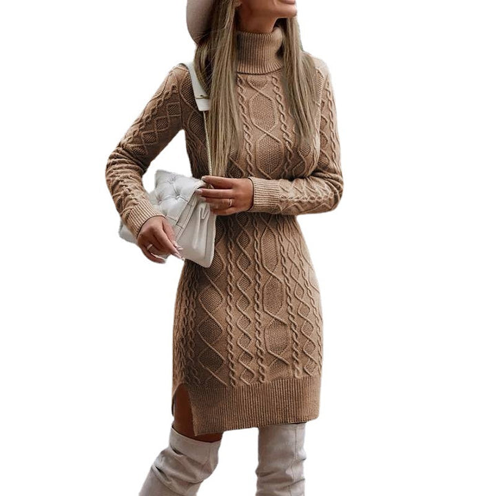 Damen nan figurbetontes Strickkleid mit Rollkragen, Zopfmuster, seitlichem Schlitz und geripptem Saum Drune
