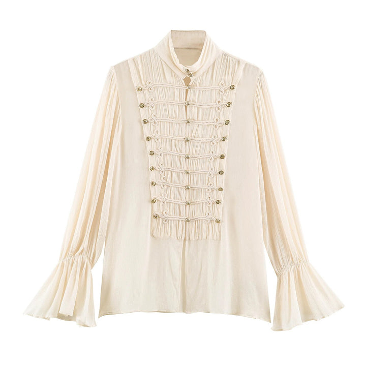 Damen Romantische Plissee‑Bluse mit Stehkragen, Volumenärmeln und Zierfroschknöpfen Drune