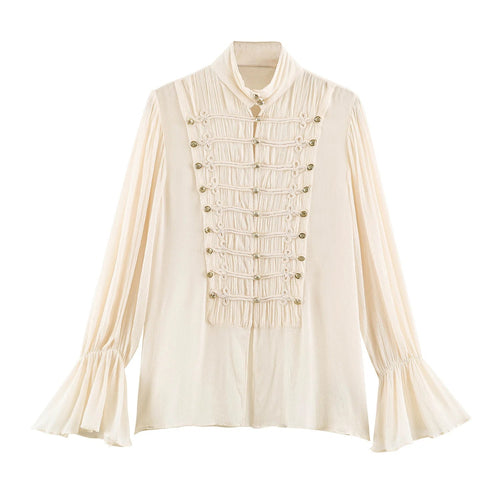 Damen Romantische Plissee‑Bluse mit Stehkragen, Volumenärmeln und Zierfroschknöpfen Drune