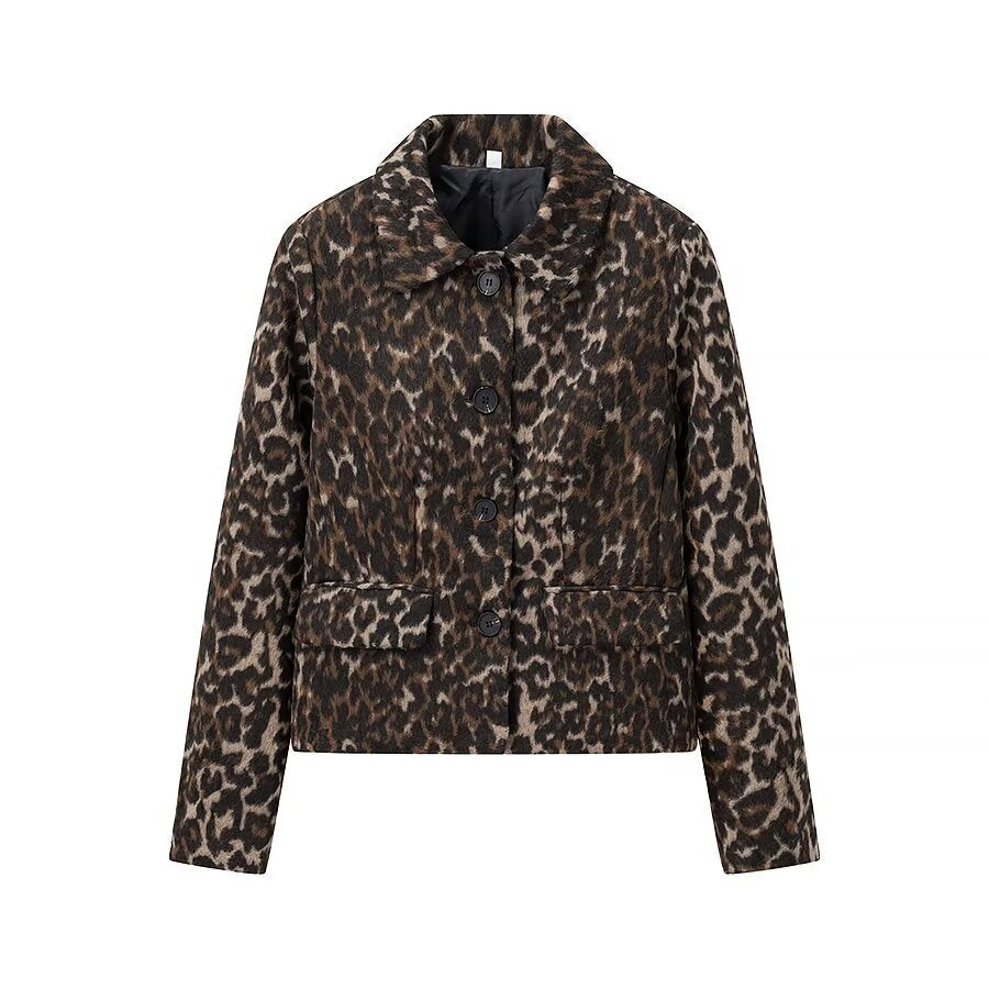 Damen nan kastige Kurzjacke mit Leopardenprint, Schalkragen und aufgesetzten Pattentaschen Drune