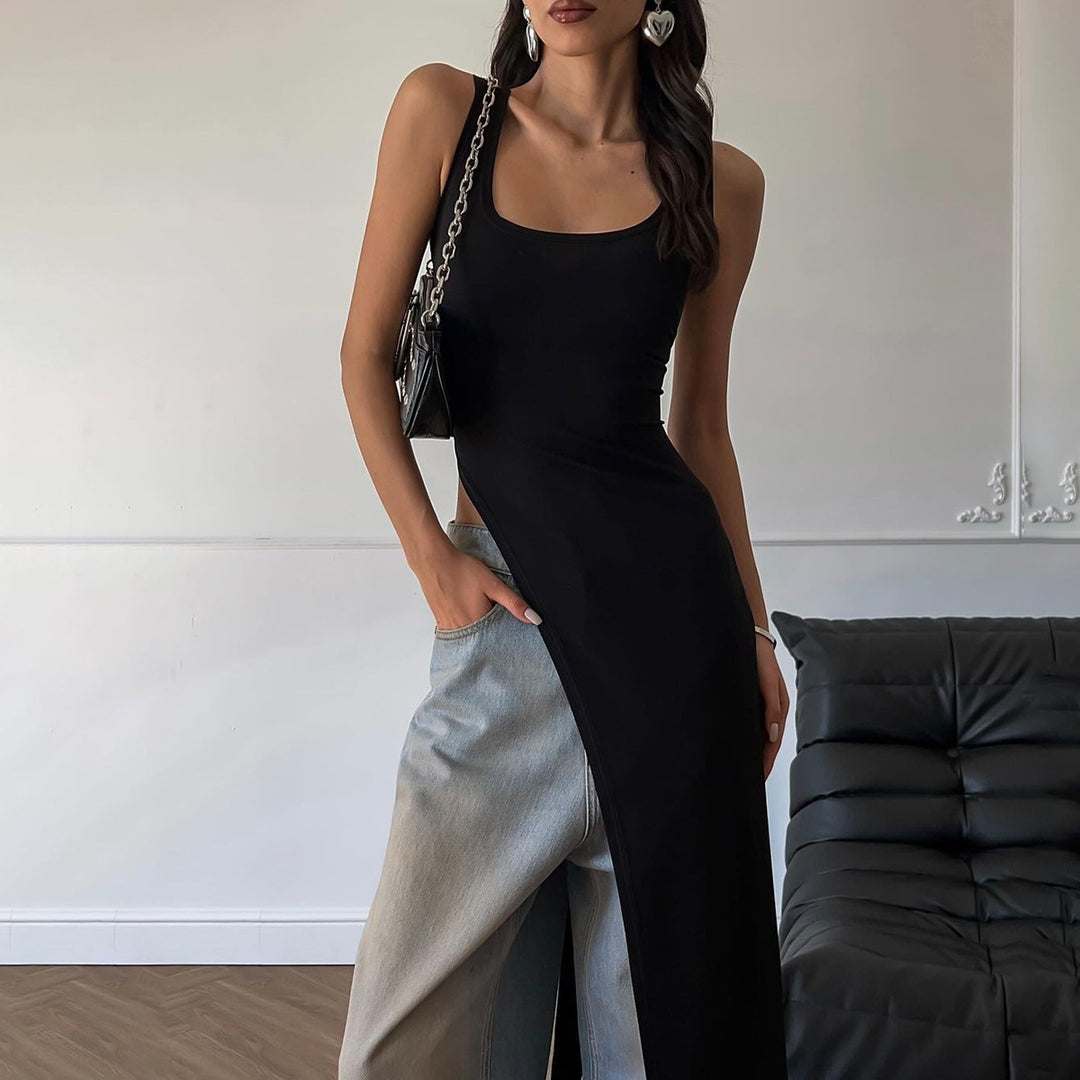Damen Langarm Maxikleid mit hohem Schlitz Drune