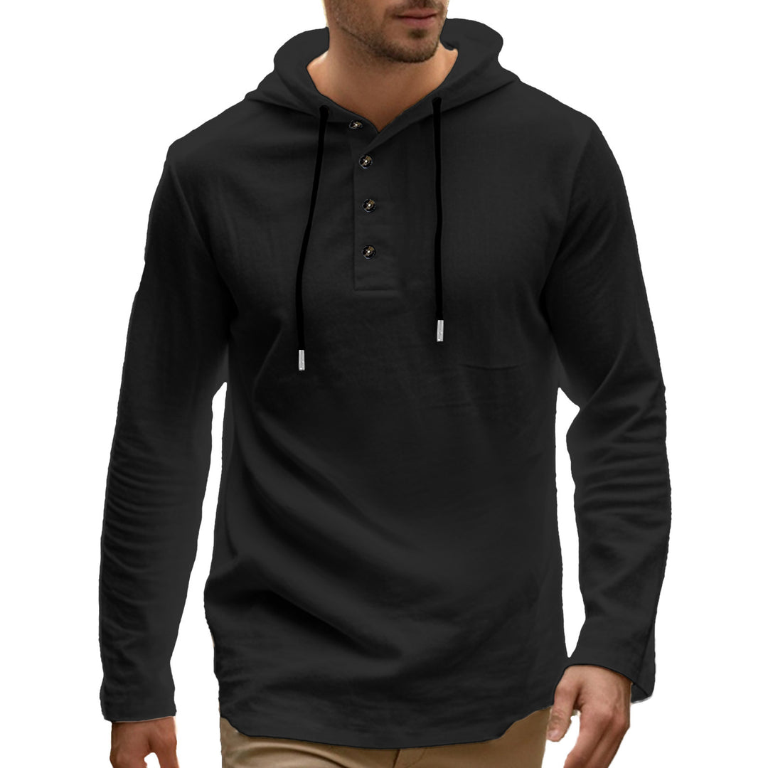 Herren nan lässiger Kapuzenpullover im Henley‑Stil mit Knopfleiste und verstellbarem Kordelzug Drune