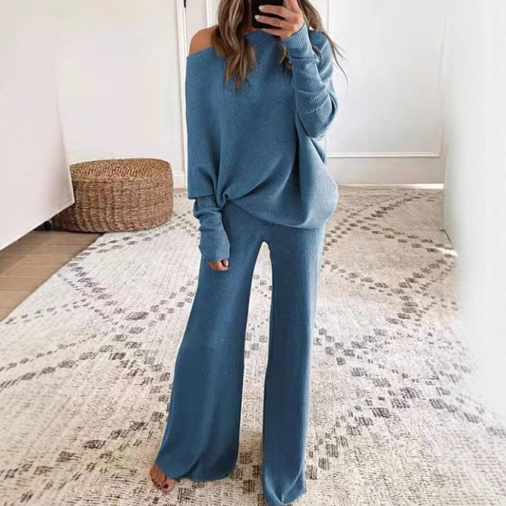 Damen Lässiges Strick-Loungewear-Set mit weitem Schnitt und off-shoulder Oberteil Drune
