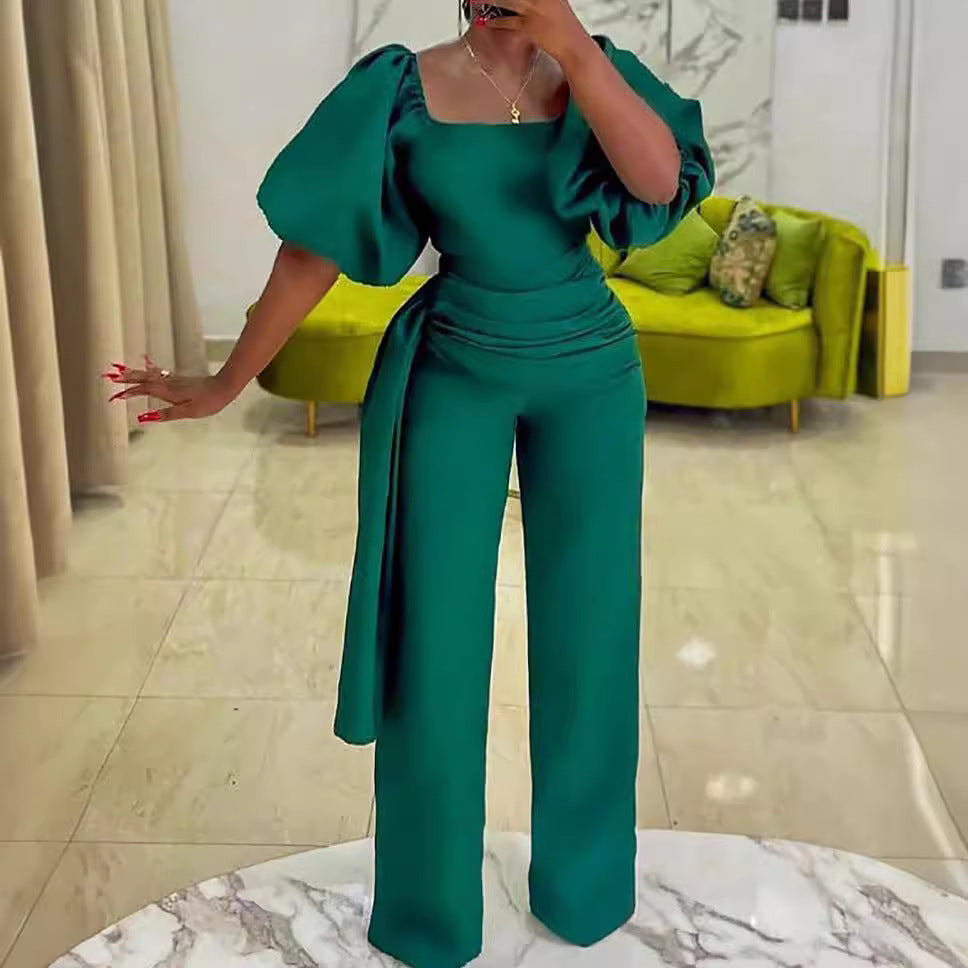 Damen Eleganter Jumpsuit mit voluminösen Puffärmeln und tailliertem Bund Drune