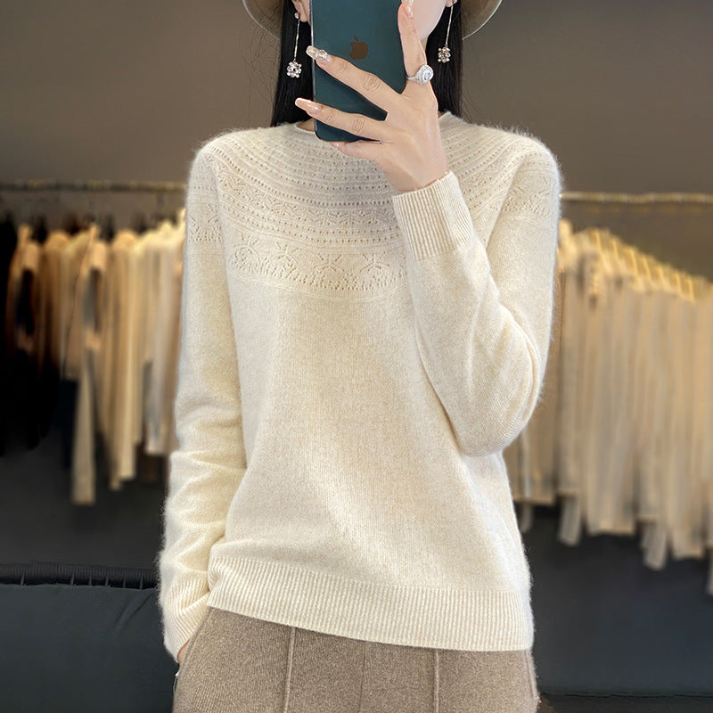 Damen Weicher Ajour‑Yoke Rundhalspullover in Kaschmir‑Optik Feinstrick Drune