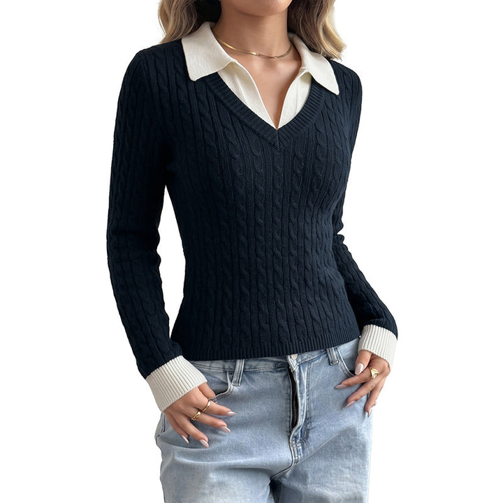 Damen Eleganter Strickpullover mit V-Ausschnitt und Kontrastkragen Drune