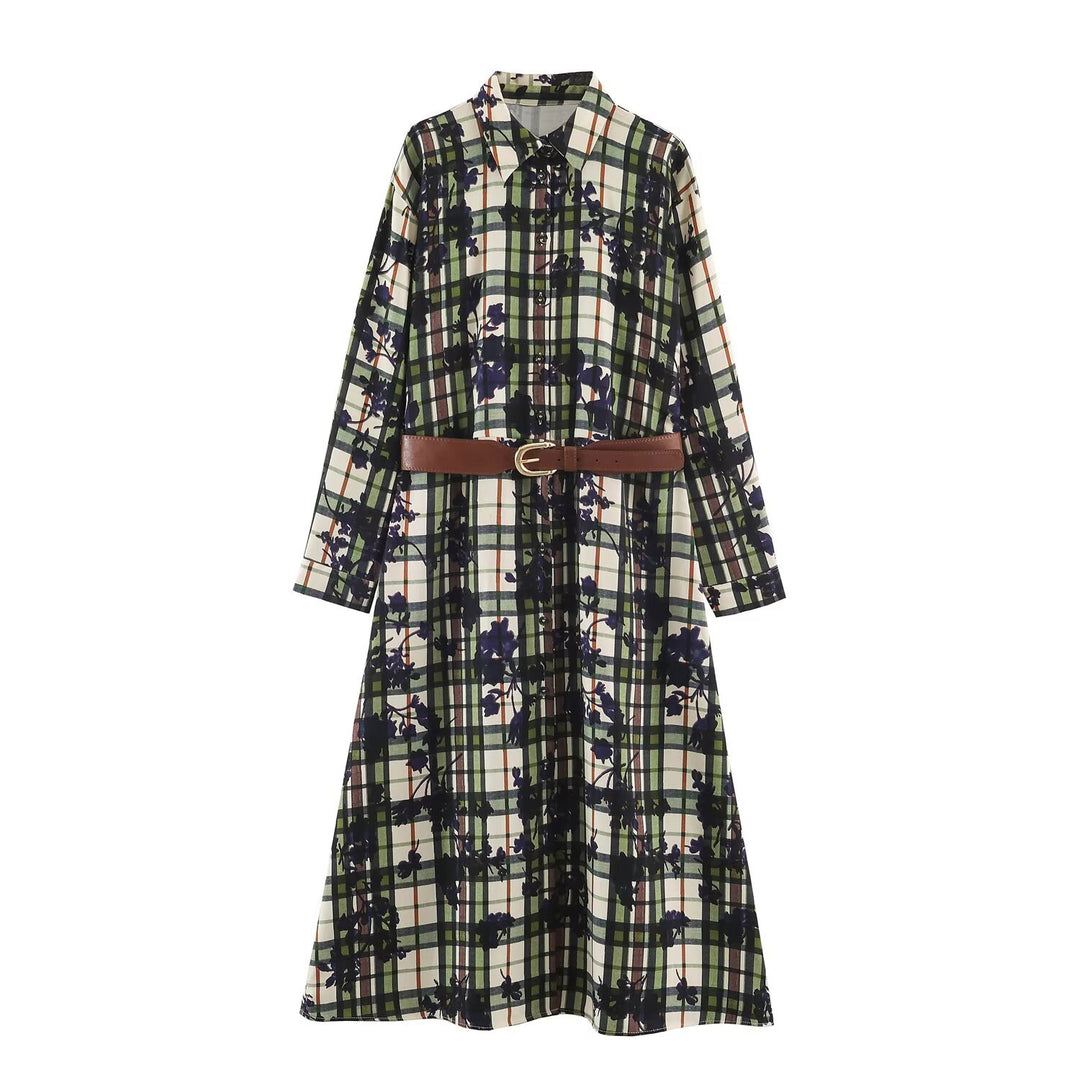 Damen Hemdblusenkleid mit Karomuster und Blumenprint samt taillierendem Gürtel Drune