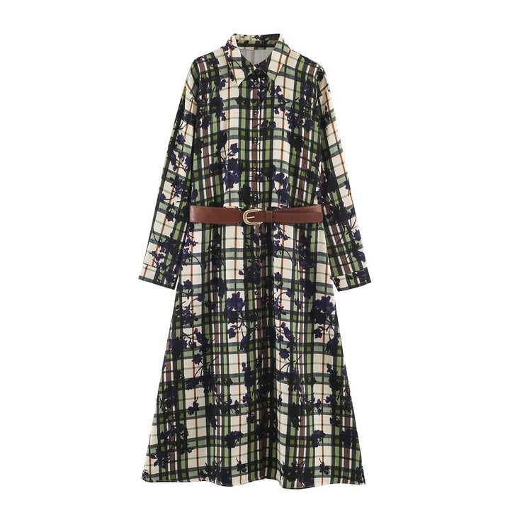 Damen Hemdblusenkleid mit Karomuster und Blumenprint samt taillierendem Gürtel Drune