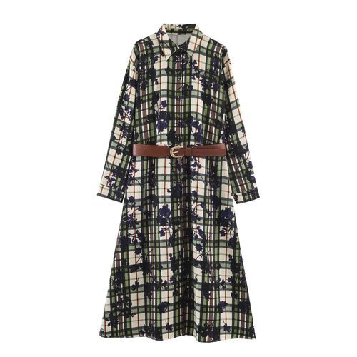 Damen Hemdblusenkleid mit Karomuster und Blumenprint samt taillierendem Gürtel Drune