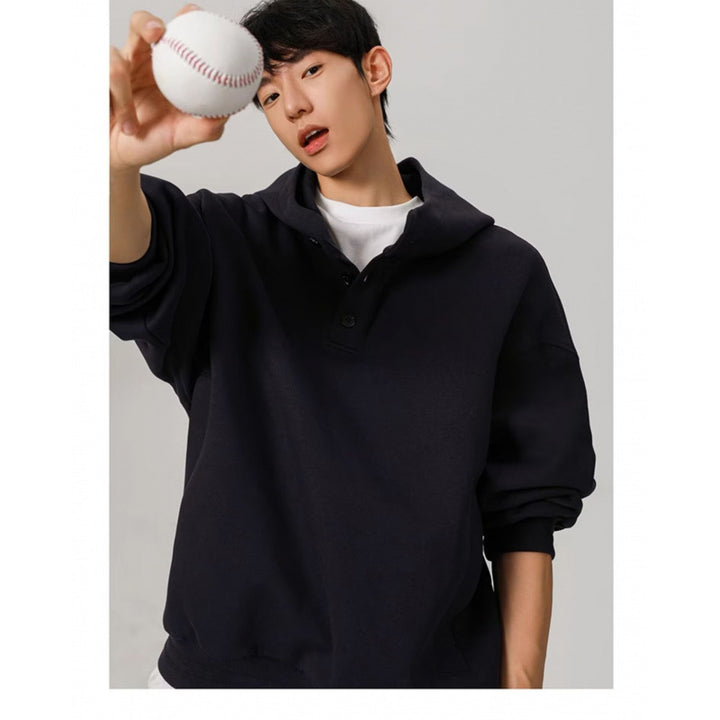 Herren Oversized Kapuzenpullover mit 3‑Knopf‑Leiste und seitlichen Eingrifftaschen Drune