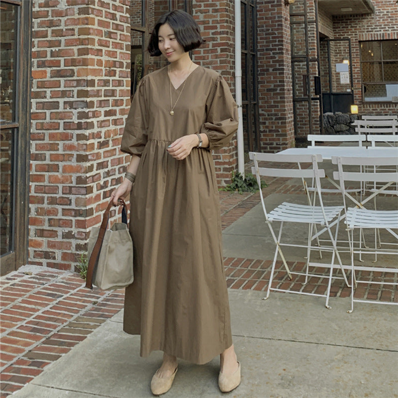 Damen Maxikleid mit V-Ausschnitt, geraffter Taillennaht und voluminösen dreiviertel-Ärmeln Drune